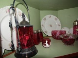 TOP SHELF OF CUPBOARD INCLUDING MARY MCGREGOR GLASS CRANBERRY SUGAR BISCUIT
