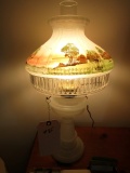 CONVERTED OIL LAMP MILK GLASS BASE  WITH HAND PAINTED GLASS SHADE