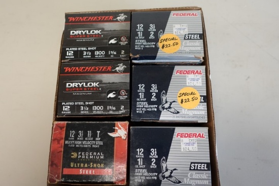 6 BOXES 12 GA 3 1/2 INCH STEEL LOADS INCLUDING 3 BOXES FEDERAL CLASSIC MAGN