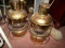 PAIR OF ANTIQUE BRASS SHIP LANTERNS WITH RED LENS APPROX 19 INCH TALL