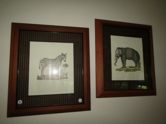 PRINT OF ZEBRA AND ELEPHANT FRAMED UNDER GLASS APPROX 24 X 21
