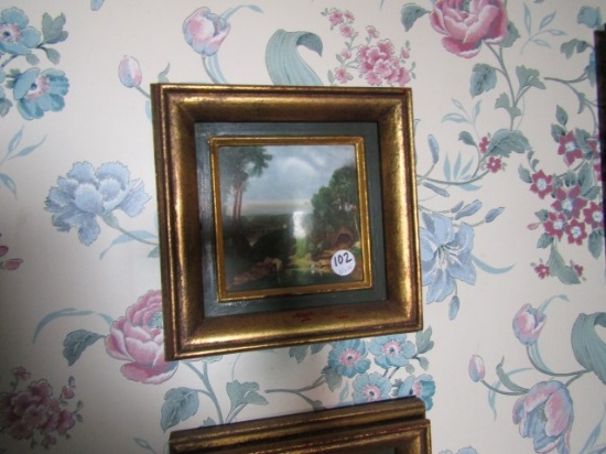 FOUR HAND PAINTED TILES FRAMED LANDSCAPE SCENE 10 X 10
