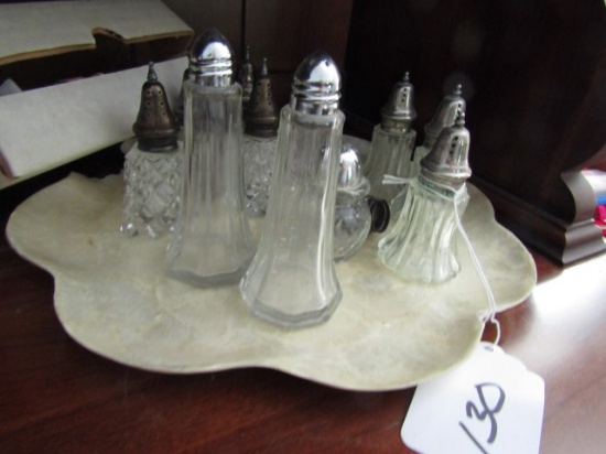 COLLECTION OF SMALL SALT AND PEPPERS AND SERVING TRAY