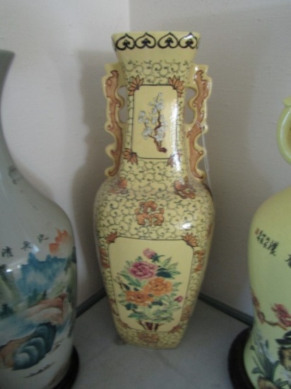LARGE ORIENTAL VASE YELLOW WITH FLORAL DESIGN SQUARE TOP WITH DAMAGE