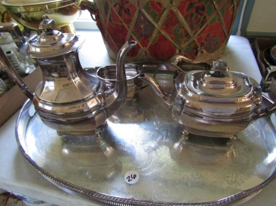 SILVER PLATE SHEFFIELD COFFEE AND TEA SERVICE ON LARGE TRAY
