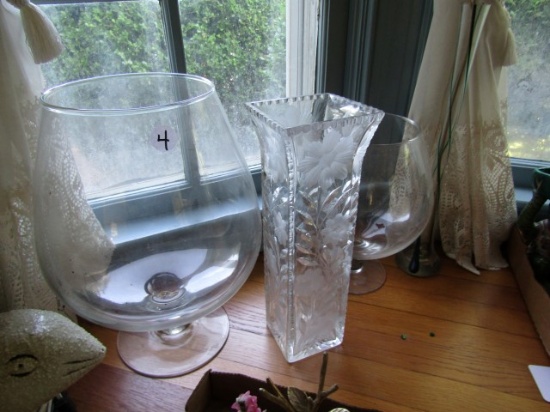 2 VERY LARGE SIFTERS AND LARGE CUT GLASS FLOWER VASE APPROX 14 INCH TALL