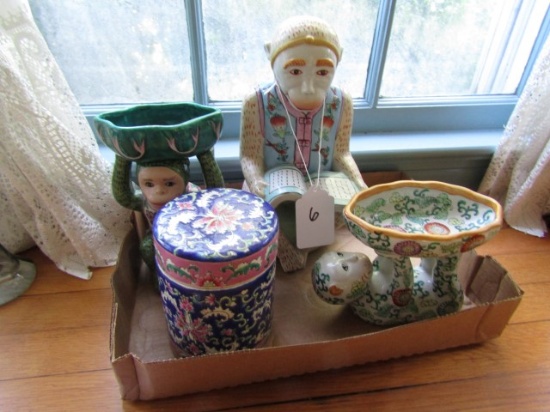 COLLECTION ORIENTAL STYLE MONKEY BOWLS VASES AND BISCUIT JAR