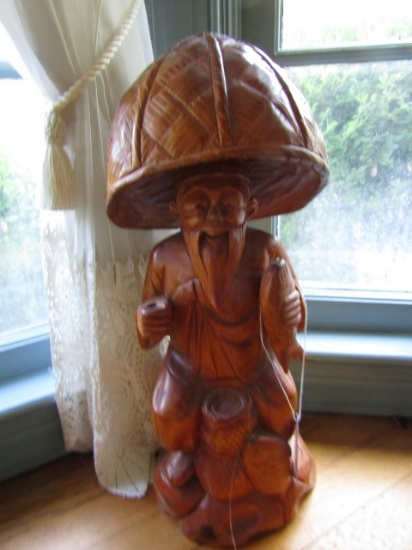 CARVED ORIENTAL FISHERMAN APPROX 18 INCH TALL
