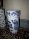 BLUE AND WHITE UMBRELLA STAND WITH PEACOCKS