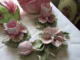 3 CANDLE HOLDERS MADE IN ITALY AND 2 PINK VEGETABLE DISHES