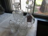 PAIR OF CLEAR GLASS DECANTERS AND CRYSTAL MUGS