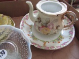 BOX WITH HAND PAINTED BOWLS DISHES AND GERMAN MADE TEAPOT
