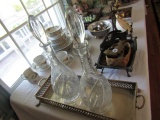 PAIR OF TALL CUT GLASS DECANTERS ON RECTANGULAR TRAY