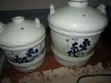 PAIR ORIENTAL WATER JUGS STORK DESIGN APPROX 4 AND 3 GALLON SIZE