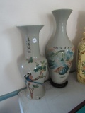 PAIR HAND PAINTED ORIENTAL VASES APPROX 20 INCH TALL BIRD AND LANDSCAPE SCE