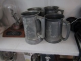 SHELF LOT INCLUDING PEWTER MUGS CAMERAS AND MORE