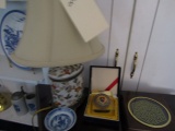 SMALL TABLE LAMP AND ORIENTAL PAPER WEIGHT AND BLUE AND WHITE BOWL