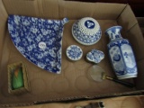 BOX LOT BLUE AND WHITE ORIENTAL STYLE CHINA AND COLLECTIBLES