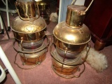 PAIR OF ANTIQUE BRASS SHIP LANTERNS WITH RED LENS APPROX 19 INCH TALL