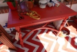 PAINTED RED KITCHEN TABLE WITH PULL OUT LEAVES WITH CONTENTS