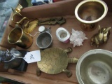 BOX OF BRASS DECORATIVES INCLUDING RABBIT FIGURINES CUPS TURTLE TRAYS AND M
