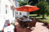 FAUX WICKER PATIO SET WITH UMBRELLA MISSING GLASS TOP