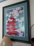 LARGE ORIENTAL PRINT FRAMED UNDER GLASS CHERRY BLOSSOM SCENE 43 X 35