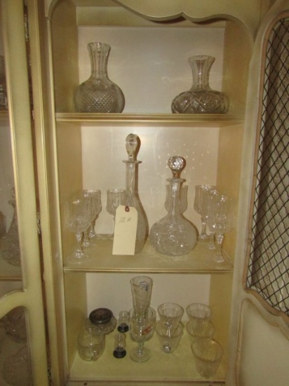 3 SHELF LOTS INCLUDING CUT GLASS DECANTERS WINES VASES AND HAIR RECEIVER