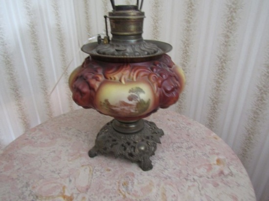 ANTIQUE OIL LAMP WITH HAND PAINTED VASE MISSING TOP