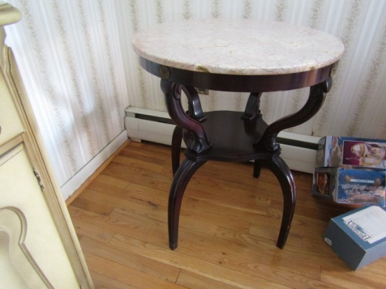 PAIR OF MAHOGANY END TABLES ROUND MARBLE TOP PINK MARBLE