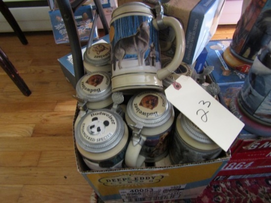 COLLECTION OF 7 BUDWEISER COVERED BEER STEINS MOST WITH ORIGINAL BOXES
