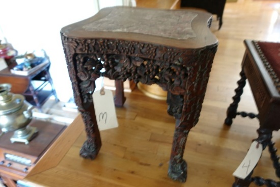 INDONESIA HEAVILY CARVED END TABLE WITH MARBLE INSERT 20" X 16" X 16"