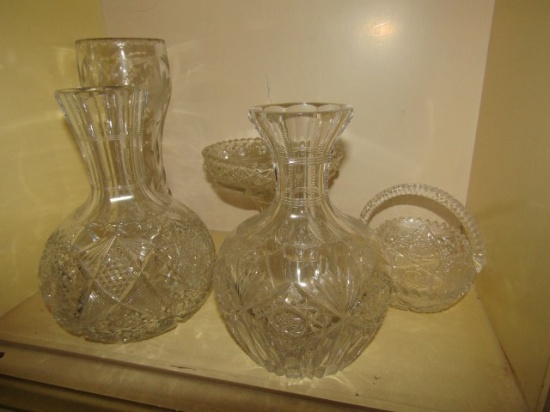 5 PCS CUT AND PRESSED GLASS INCLUDING VASES PEDESTAL BOWLS AND DECANTERS