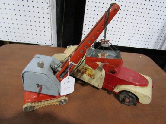 TIN TOY CRANE BY MF C MADE IN US ZONE GERMANY AND BUDDY PURE ICE WOODEN TRU