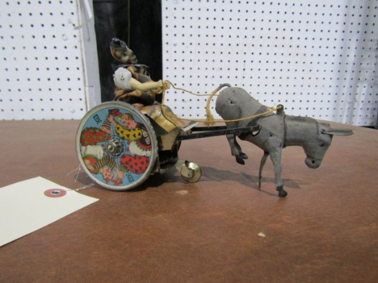 ANTIQUE 1910 LEHMANN GERMAN WIND UP CLOWN IN CART WITH MULE MECHANICAL TIN