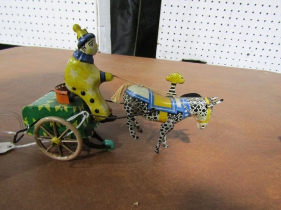 GREAT VINTAGE 1920S CLOWN AND CART TIN TOY