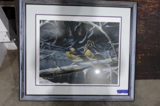 FRAMED UNDER GLASS PRINT BY MARK ANDERSON WOOD DUCKS IN THE SNOW APPROX 31