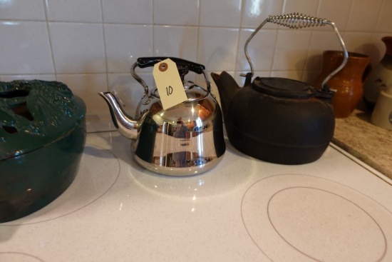 CAST IRON POT AND TEAPOT AND COVERED BOWL