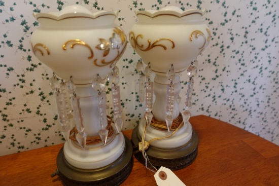 PAIR OF MILK GLASS TABLE LAMPS WITH GILT GOLD DECORATIVES AND LARGE CRYSTAL