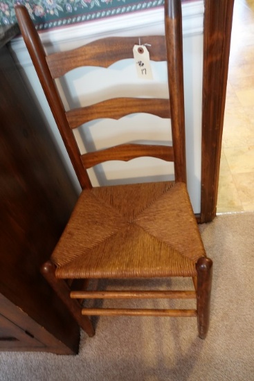 ANTIQUE LADDER BACK SIDE CHAIR WITH RUSH BOTTOM