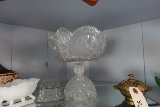 CONTENTS OF SHELF INCLUDING PEDESTAL BOWL WITH BIRD DECORATIVES COVERED BUT