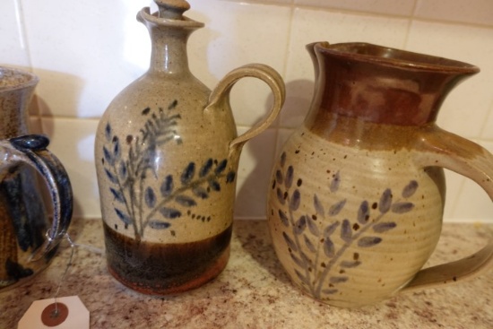 COLLECTION OF SALT GLAZE POTTERY INCLUDING PITCHERS BUTTER MOLD AND MORE