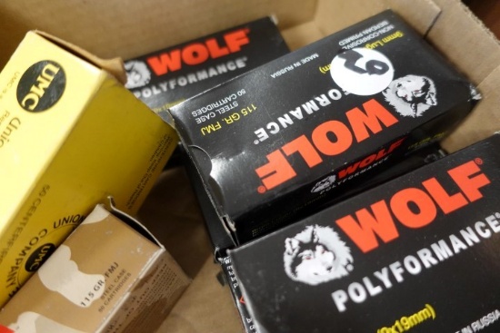 5 BOXES WOLF POLY FORMANCE 9 MM LUGER 115 GR FMJ 2 BOXES UMC 9 MM LUGER 115
