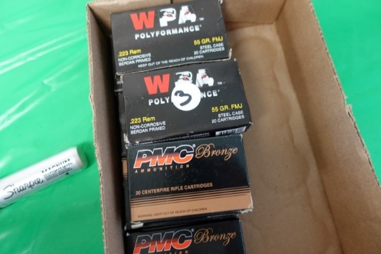 6 BOXES WPA POLY FORMANCE 223 REMINGTON 55 GR FMJ AND 5 BOXES PMC BRONZE 22