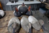 6 CORK CANVASBACK DECOYS CARVED WOODEN HEADS AND PLYWOOD BOTTOMS WITH KEEL