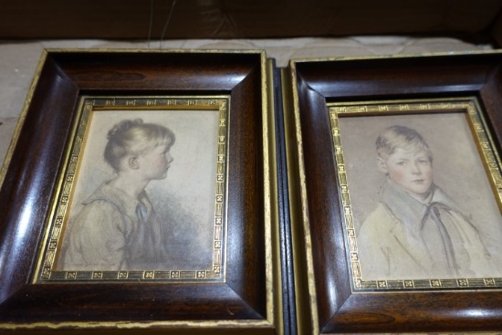 PAIR OF ANTIQUE CHILDREN PRINTS FROM BOSTON FRAMED UNDER GLASS 8 INCH X 6 I