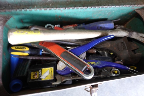 METAL TOOL BOX FULL OF TOOLS INCLUDING HAMMERS ADJ WRENCHES SCREW DRIVERS R
