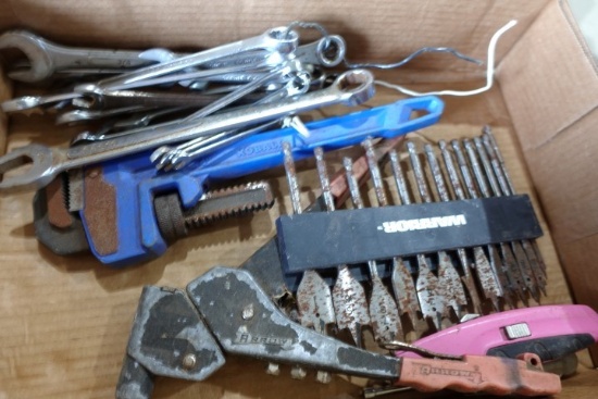 BOX LOT TOOLS INCLUDING WRENCHES PIPE WRENCHES RIVET GUN AND MORE