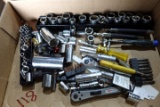 BOX LOT WITH 1/4 INCH RATCHETS AND SOCKETS MISC DRIVERS