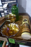 BOX LOT WITH GREEN WATER JUG AMBER GLASS ETC